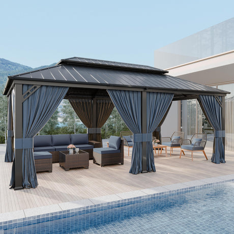 Kurapika 12' x 20' Hardtop Outdoor Metal Gazebo with Galvanized Steel Double Roof Canopy, Curtain and Netting, Aluminum Permanent Pavilion Gazebo, Navy Blue Kurapika