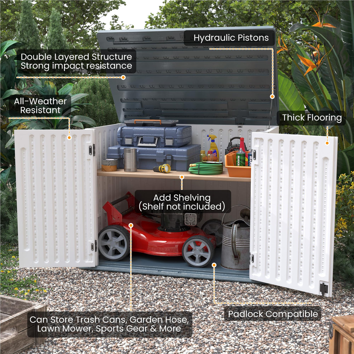 UDPATIO Outdoor Storage Cabinet 35 Cu Ft, Resin Horizontal Outdoor Trash Can Storage Box Lockable Shed 4 x 2 ft for Garbage, Garden Tools, Lawn Mowers UDPATIO