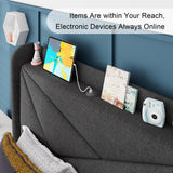 Feonase Twin Bed Frame, Upholstered Bed Frame with Charging Station, Wingback Storage Headboard, No Box Spring Needed, Noise-Free, Dark Gray Feonase