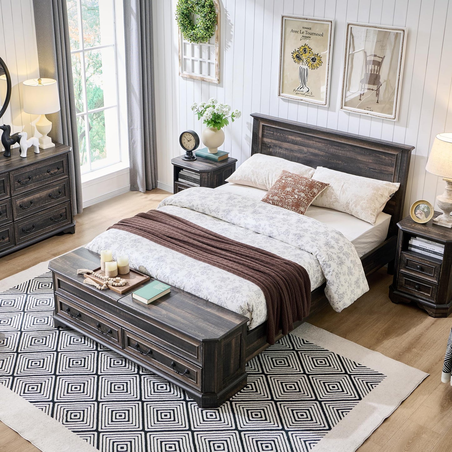 T4TREAM Farmhouse Full Bed with Headboard and Storage Bench, Rustic Wood Platform Bed with 58" Storage Chest w/ 4 Large Storage Drawer, Dark Rustic Oak - WoodArtSupply