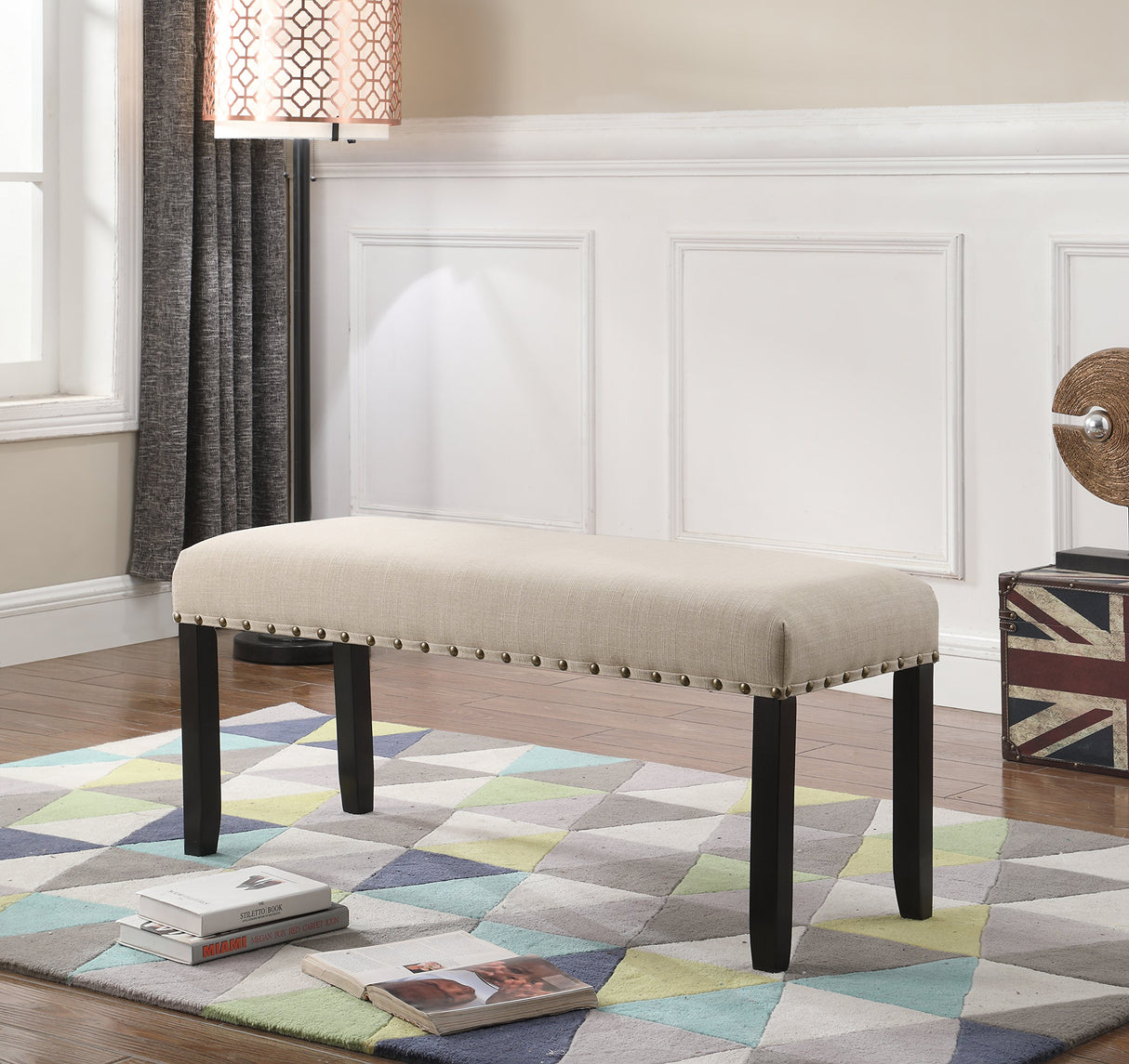 Roundhill Furniture Biony Fabric Dining Bench with Nailhead Trim, Tan Roundhill Furniture