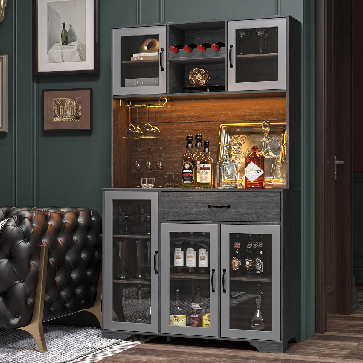 Fatmok Coffee Bar Cabinet, 71" Tall Liquor Wine Cabinet with Power Outlet & LED Lights, Glass Doors, Kitchen Pantry Cabinet with Storage Hutch, Adjustable Shelves, Drawer & Wine Rack for Dining Room Fatmok