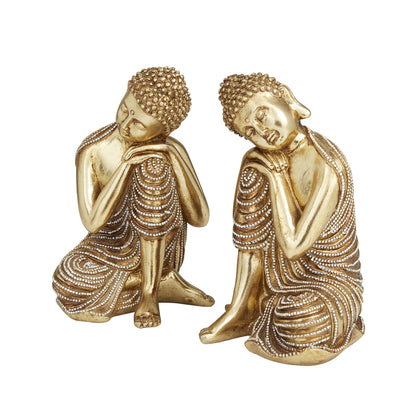 Deco 79 Polystone Buddha Decorative Sculpture Meditating Home Decor Statues with Engraved Carvings and Relief Detailing, Set of 2 Accent Figurines 5"W, 7"H, Gold - WoodArtSupply