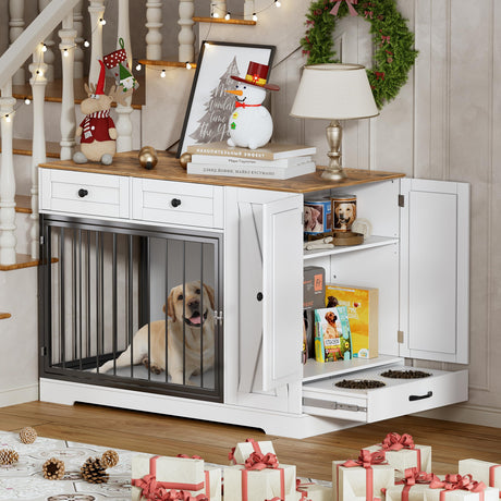 PAKASEPT Dog Crate Furniture, Dog Crate for Small to Large Dogs with Storage Cabinet and Feeder, Dog Kennel Furniture with Double Doors for Small/Medium/Large Dog (White) PAKASEPT