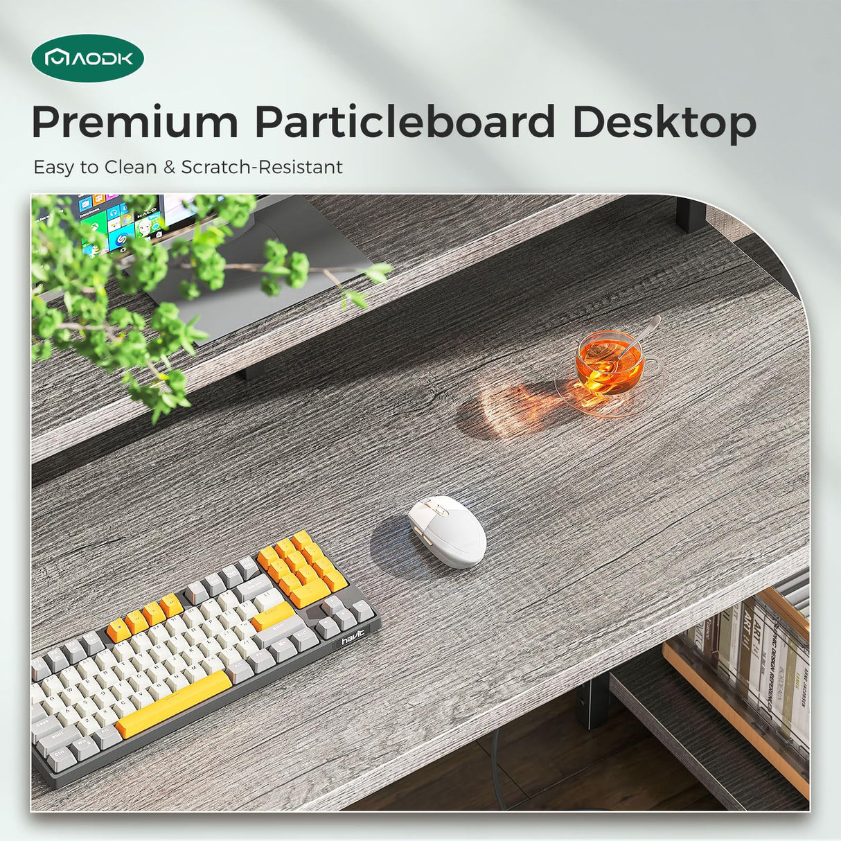 AODK Computer Desk, 48 Inch Gaming Desk with Led Lights & Power Outlet, Office Desk with Printer Storage Shelves, Reversible Desk with Monitor Shelf & Headphone Hook, Grey Oak AODK