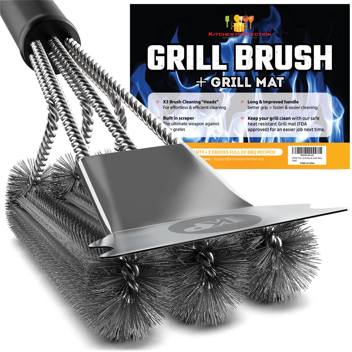 KITCHEN PERFECTION Safe Wire Grill Brush for Outdoor Grill w/Grill Scraper & Grill Mat Grill Cleaning Kit -Extended Handle BBQ Brush for Effortless Grill Cleaning Grill Cleaner Brush Barbecue Tools Kitchen perfection