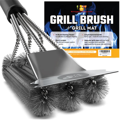 KITCHEN PERFECTION Safe Wire Grill Brush for Outdoor Grill w/Grill Scraper & Grill Mat Grill Cleaning Kit -Extended Handle BBQ Brush for Effortless Grill Cleaning Grill Cleaner Brush Barbecue Tools Kitchen perfection