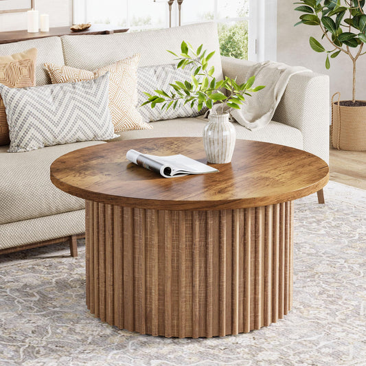 Tribesigns 31.5" Round Coffee Table, Farmhouse Circle Coffee Table with Metal Base, Modern Wood Accent Center Table Sofa Side Table for Living Room, Home Office, Wood Grain Veneer Top - WoodArtSupply