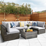 HOOOWOOO Patio Outdoor Sectional Furniture Sofa Set,7 Piece U Shaped Corner Wicker Rattan Couch Set,Rustic 6 Persons Summer Patio Conversation Set for Outside Porch Deck Garden(Light Gray) HOOOWOOO