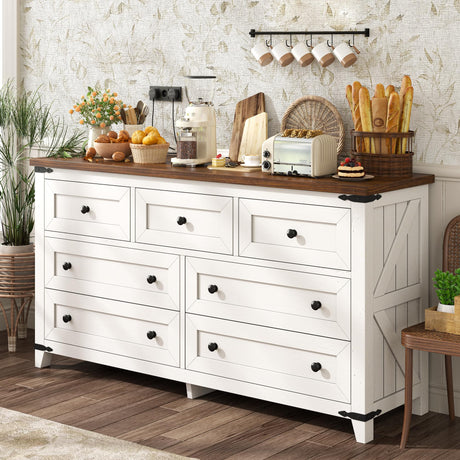 Romorgniz White Dresser, Farmhouse Dresser with Smooth Metal Rails, Wide Large Storage Drawers and TV Stand for Bedroom, Hallway Romorgniz