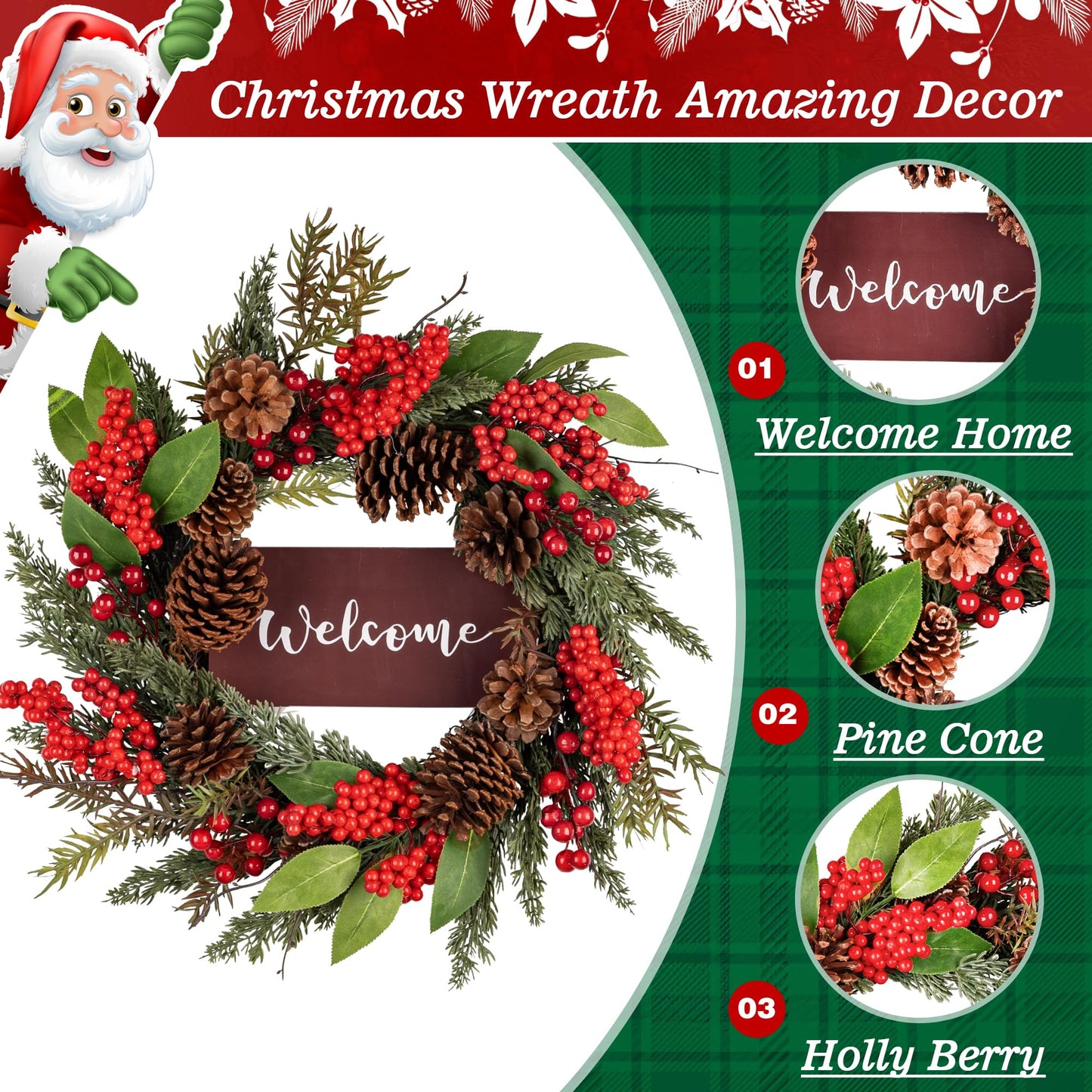 24 Inches Christmas Wreaths for Front Door with a Welcome Sign, Christmas Decorations, Decorated with Pine Cones, Berry Clusters, Frosted Branches, Christmas Collection