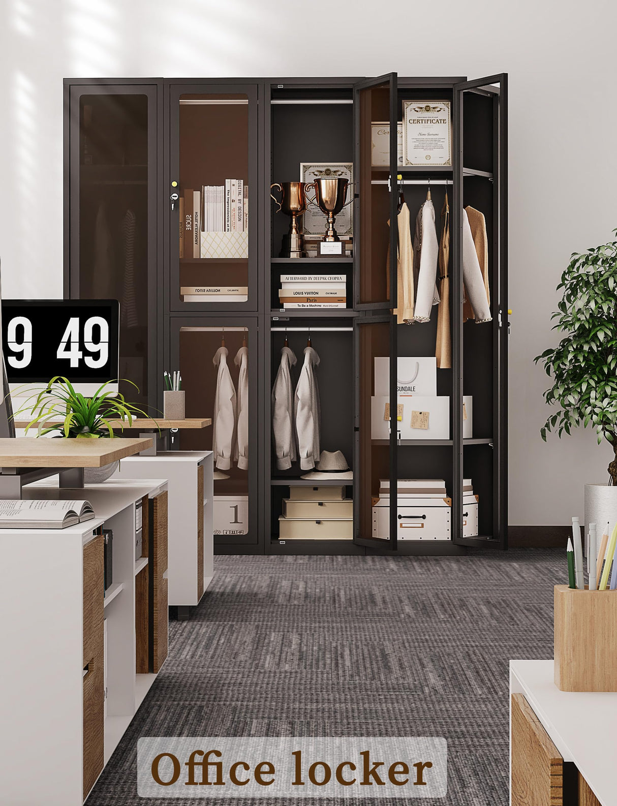 VCGGAIP Metal Locker 0rganizer for Employees with Lock, Amber Glass Door Cabinet with Mirror,Lockable Lifetime Locker for Home, Office, Gym, School, Garage,Black (Single Door, Black) VCGGAIP