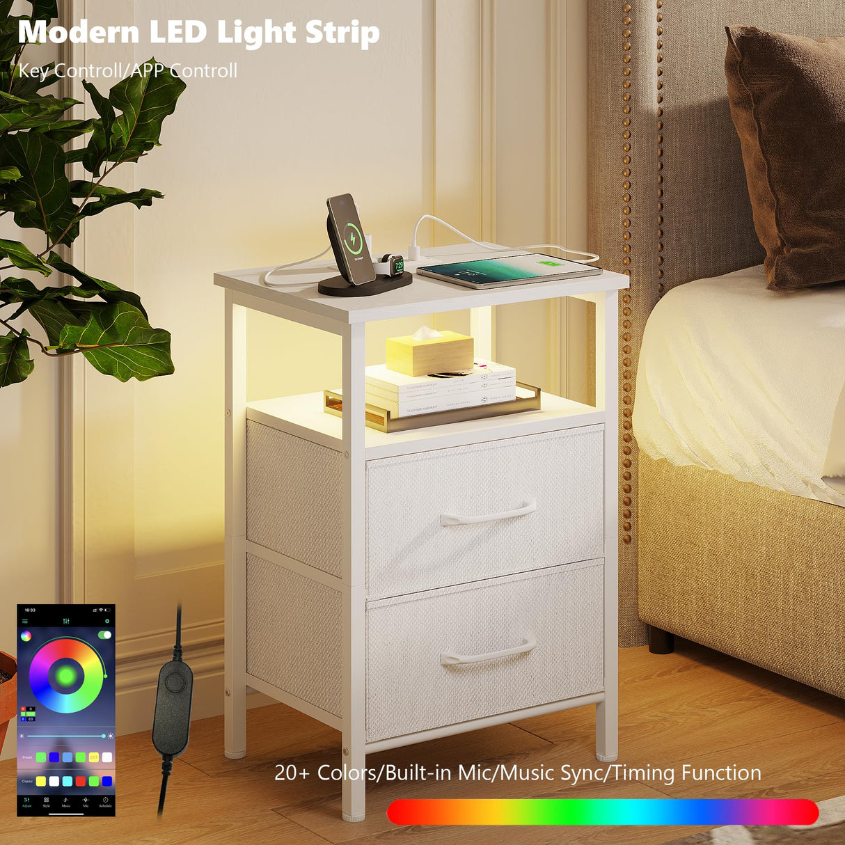 TRIFEBLE Nightstands Set of 2, Night Stand with Charging Station and Led Lights, Bedside Table with 2 Fabric Drawers for Bedroom, Small Side End Table with Open Shelf, White TRIFEBLE