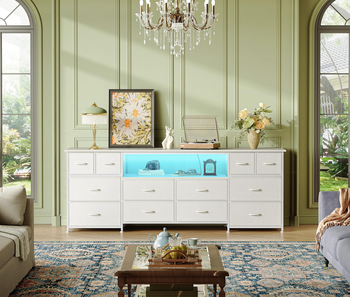 Huuger 63 Inch Dresser TV Stand with LED Lights, Power Outlets and USB-C Port, 12 Fabric Drawer Dresser for Bedroom, Wide Entertainment Center for 65, 70 Inch TV, Media Console, Open Shelf, White Huuger