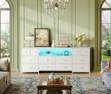 Huuger 63 Inch Dresser TV Stand with LED Lights, Power Outlets and USB-C Port, 12 Fabric Drawer Dresser for Bedroom, Wide Entertainment Center for 65, 70 Inch TV, Media Console, Open Shelf, White Huuger