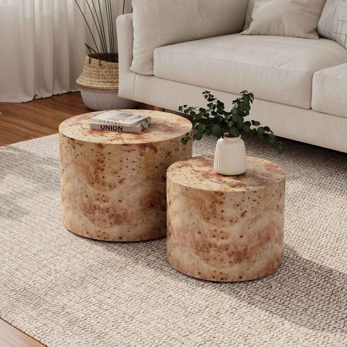 HanStrong Nesting Coffee Table Set of 2 for Living Room, Modern Round Wooden Circle Accent Side Tables for Small Spaces, Bedroom, Balcony, Office, Natural Burl Finish (19"+15") HanStrong