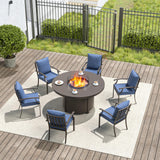 RTDTD 7 Pieces Patio Furniture Set with Round Fire Pit Table, Outdoor Conversation Sets 6 Chairs with Upgrade Cushions for Patio, Backyard Dark Blue RTDTD