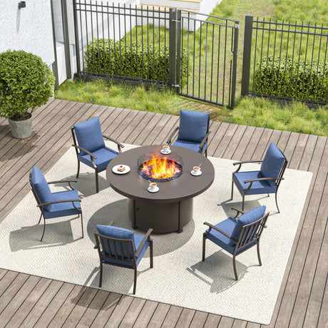 RTDTD 7 Pieces Patio Furniture Set with Round Fire Pit Table, Outdoor Conversation Sets 6 Chairs with Upgrade Cushions for Patio, Backyard Dark Blue RTDTD