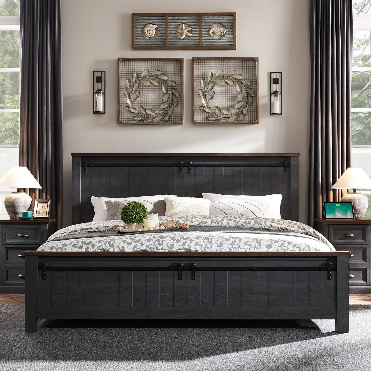 IFGET Farmhouse King Size Bed Frame with 47" Headboard, Wood Bed Frame with Groove Sliding Barn Door Footboard, Platform Bed with Wood Slats Support, No Box Spring Needed (Dark Grey) IFGET