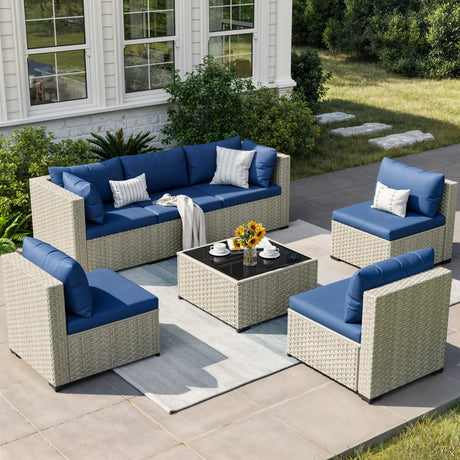 VONZOY Patio Furniture Set, 7-Piece Outdoor Sectional All-Weather Wicker Patio Conversation Set for Backyard (Navy Blue Cushions with Grey Rattan) VONZOY