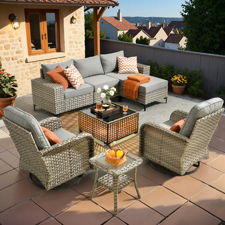 HOOOWOOO Outdoor Sectional Furniture Set,8 Pieces Wicker Patio Conversation Sets,L Shape All Weather Outside Couch Sofa Set with Swivel Chairs Solar Light Table Ottoman,Charcoal Gray HOOOWOOO