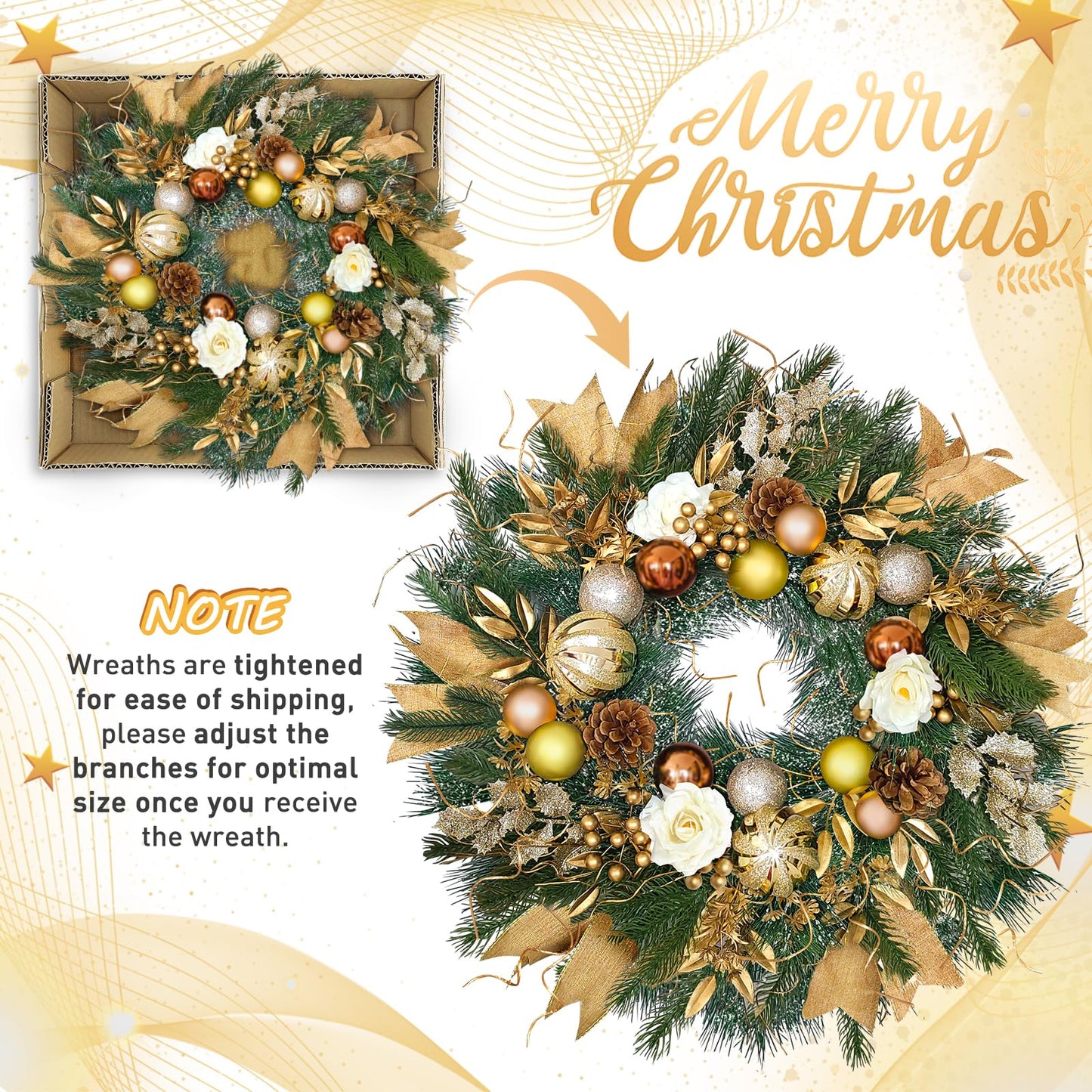 Christmas Wreaths for Front Door with Lights,24 inch Gold Large Christmas Wreaths Outdoor,Decorated with Christmas Ball,Pine Cones,Branches,Rose,Ribbon,Berry for Thanksgiving Fall Winter Decor