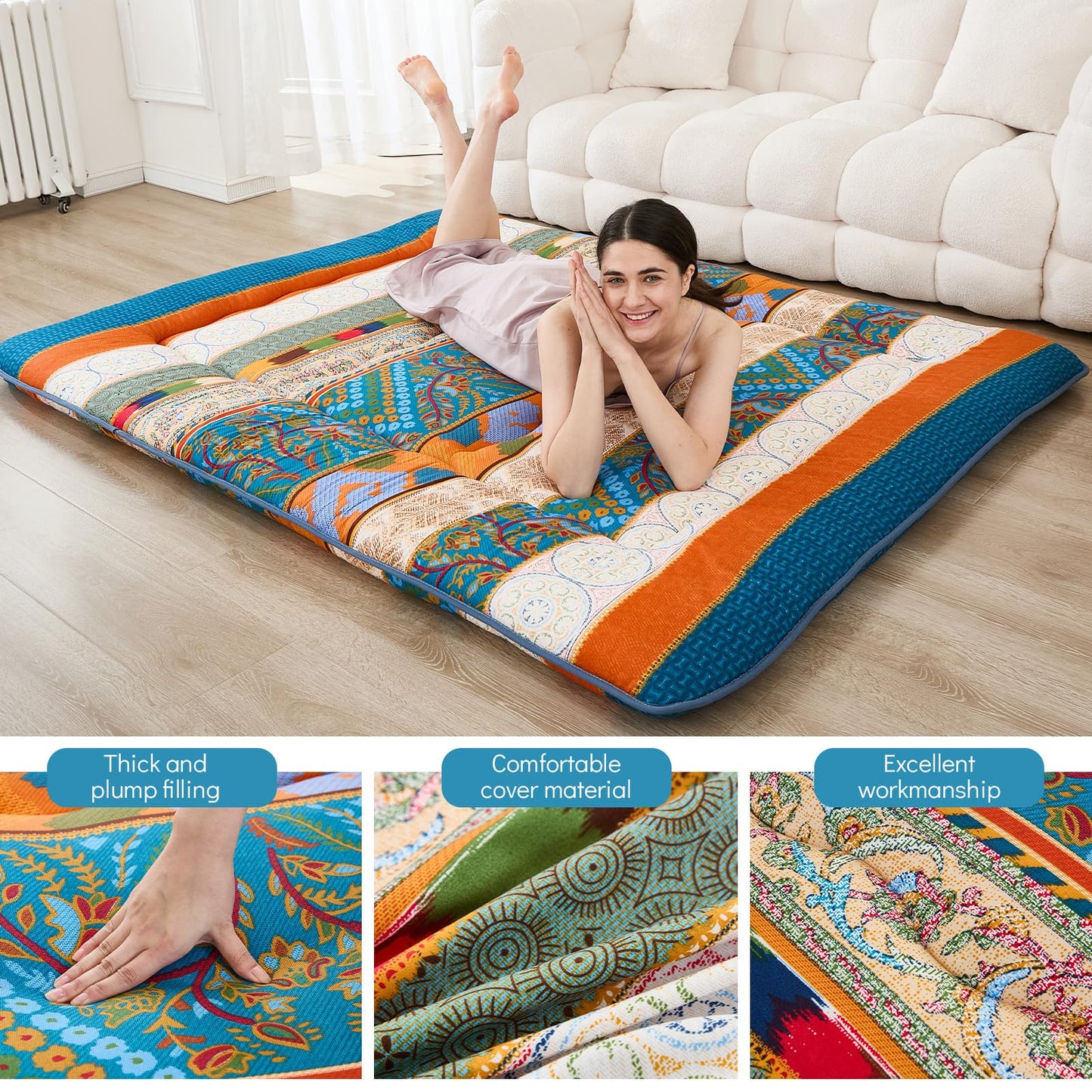 XICIKIN Japanese Floor Mattress, Japanese Futon Mattress Foldable Mattress, Roll Up Mattress Tatami Mat with Washable Cover, Easy to Store and Portable for Camping,(Bohemian,Twin)