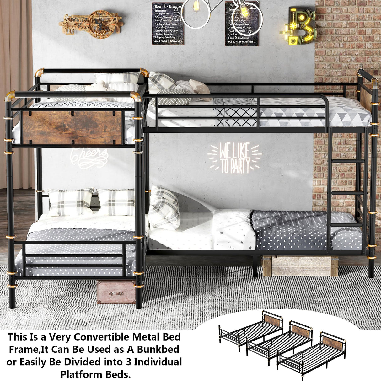 Aoowow Quad Bunk Bed Twin Over Twin,Industrial Bunk Bed for 4,Heavy Duty Bunk Beds for Adults,Boys,Girls,Teens,Vintage Wooden Metal Bunkbed into 3 Beds (Black, Quad Twin Bunk) Aoowow
