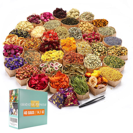 40 Bags Natural Dried Flowers Kit, Natural Dried Herbs with 2 Mesh Drawstring Bag for Soap,Candle,Resin Jewelry Making,Bath,Nail - Rose Petals,Rosebuds,Lilium,Jasmine,Don't Forget Me and More SACATR