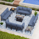 ASJMR Patio Furniture Set,15 Pieces Modern Outdoor Conversation Set w/43in Gas Fire Pit Table, Outdoor Metal Sectional Sofa with 55000 BTU Propane Fire Pit ASJMR