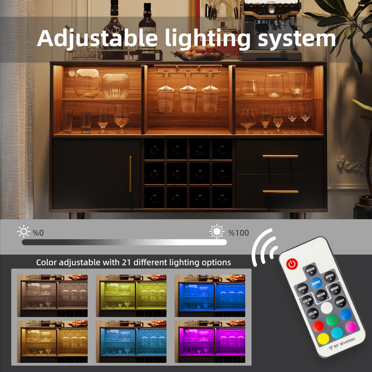 Bar Cabinet and Bar Table - LED Light Charging Station, Buffet Cabinet with Storage, Sideboard Cabinet, Coffee Bar - Ideal for Buffets & Sideboards, Wine and Liquor Cabinet 47 inch Black Svimi