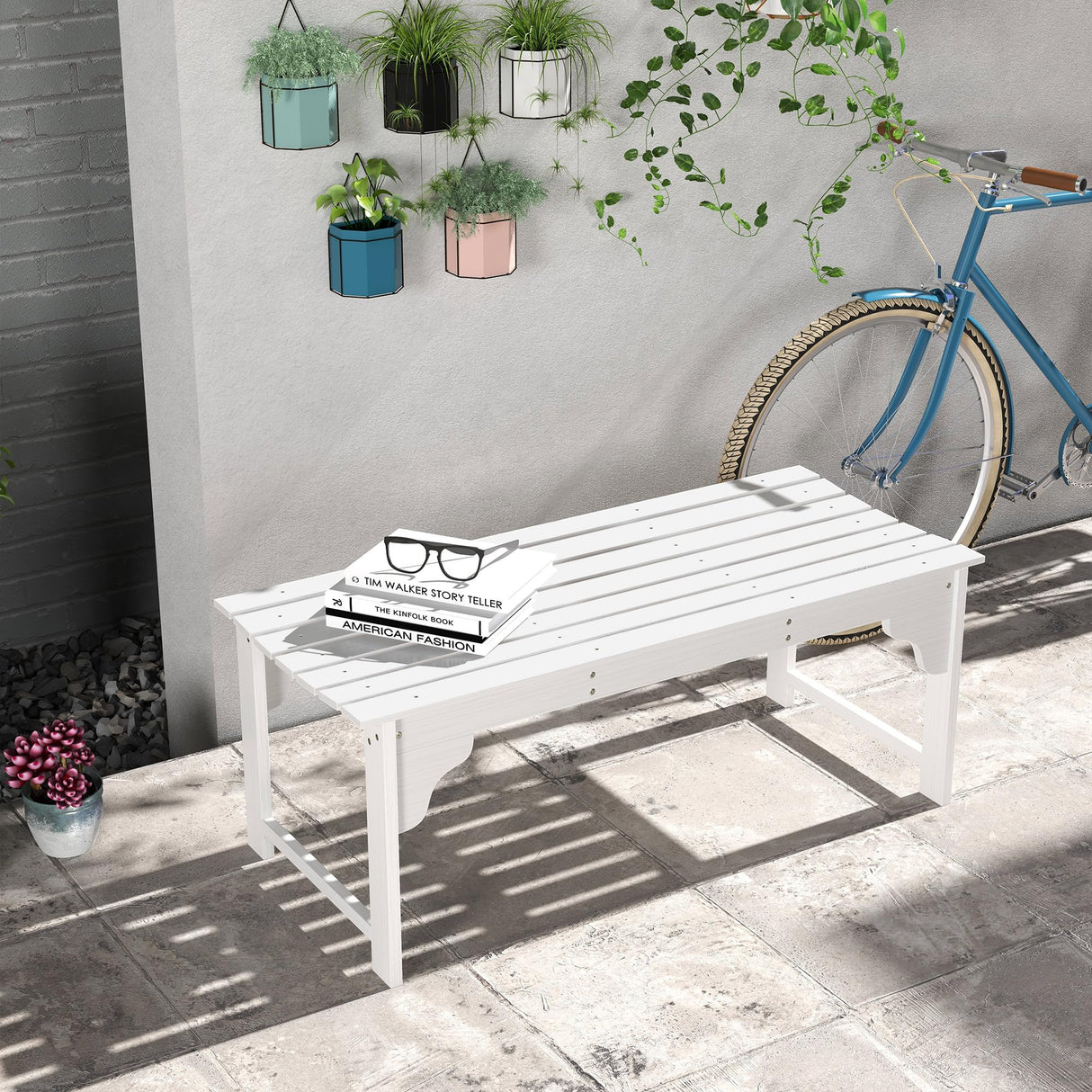 Outsunny Wooden Garden Bench, Outdoor Park Bench with Slatted Seat, Backless Front Porch Bench with Curved Seat for Conservatory, Garden, Poolside, Deck, White Outsunny