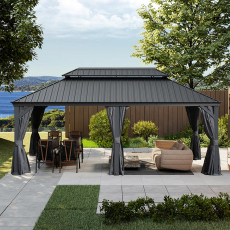 Domi 14x20FT Outdoor Gazebo, Hardtop Gazebo with Galvanized Steel Double Roof, Metal Gazebos with Drainage System Patio Pergola for Patio Deck Backyard,Curtain and Netting,Gray domi outdoor living