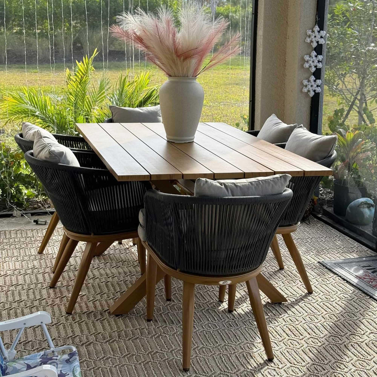 PURPLE LEAF 7 Pieces Patio Dining Set Wicker Outdoor Furniture Rectangular Table and Chairs Set for Garden Deck Teak-Finish Aluminum Frame Backyard Kitchen Set, Cushions and Pillows Included PURPLE LEAF