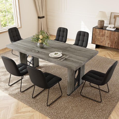 HIPIHOM 7-Piece Dining Table Set for 6-8 People, 70.8" MDF Kitchen Table with 6 Upholstered Chairs, Space-Saving for Dining Room, Breakfast Nook(Grey Table+6 U-Shaped Black Chairs) HIPIHOM