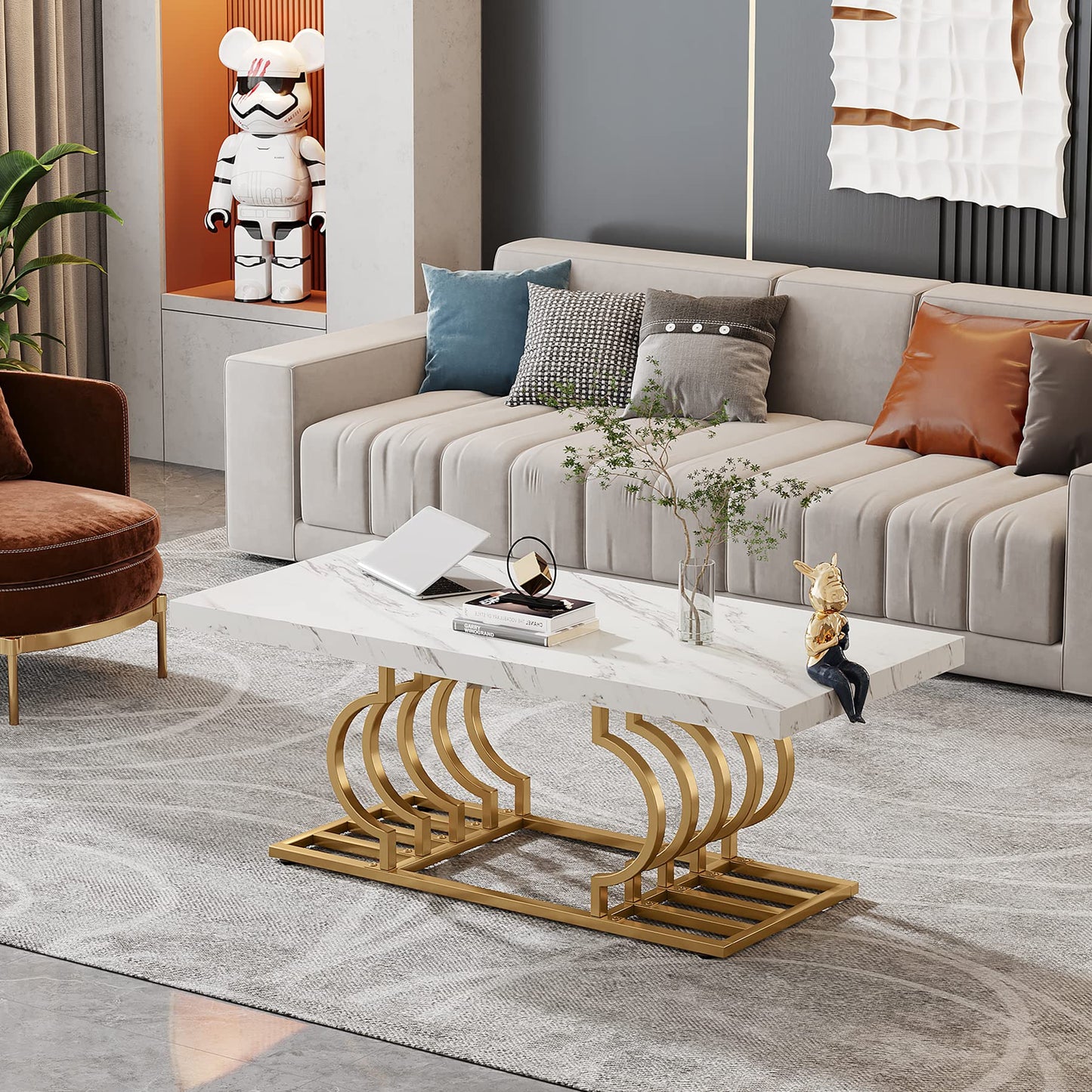 Tribesigns Modern Coffee Table, 47 Inch Faux Marble Cocktail Table with Geometric Frame, Rectangular Center Table Tea Table Accent Furniture for Living Room, Simple Assembly (White/Gold) - WoodArtSupply