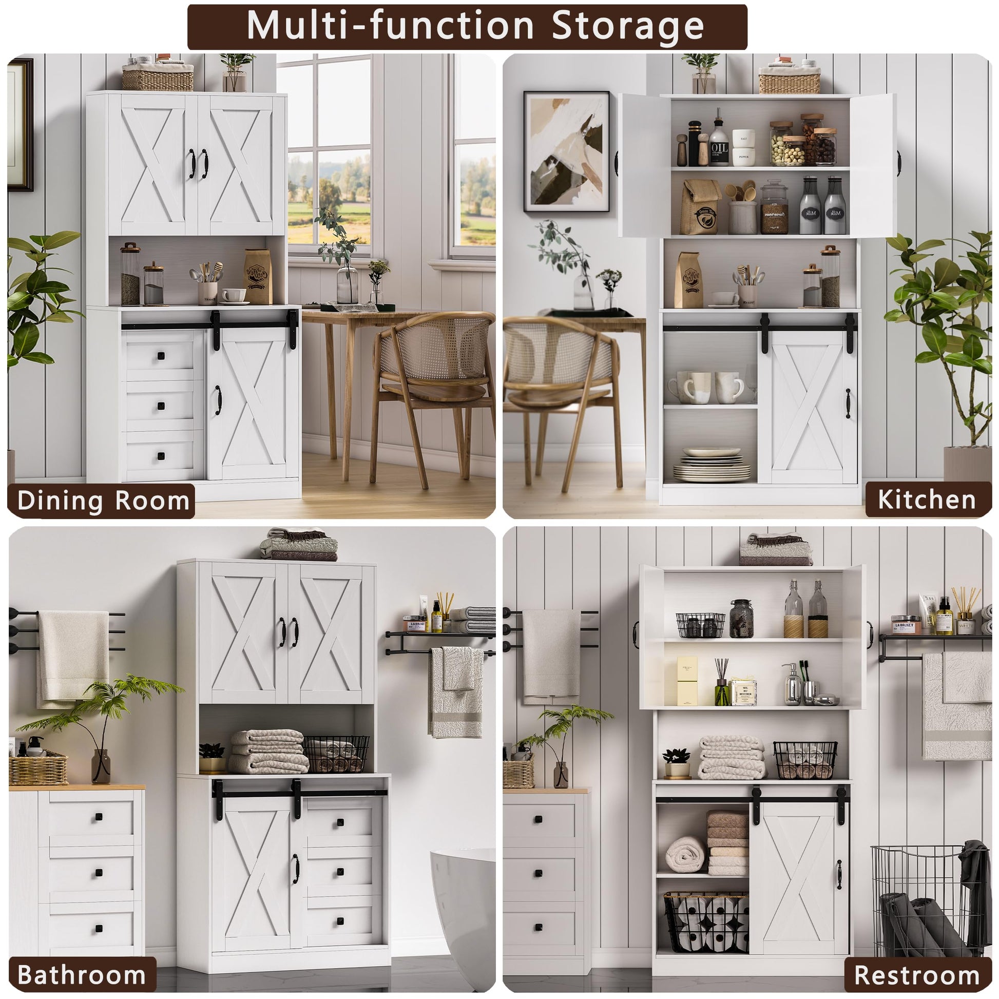 wanan Pantry Cabinet with Sliding Barn Door, 64.5'' Kitchen Pantry with 3 Drawers & 4 Shelves, Farmhouse Kitchen Hutch for Living Room, Bathroom and Dinning Room, White - WoodArtSupply