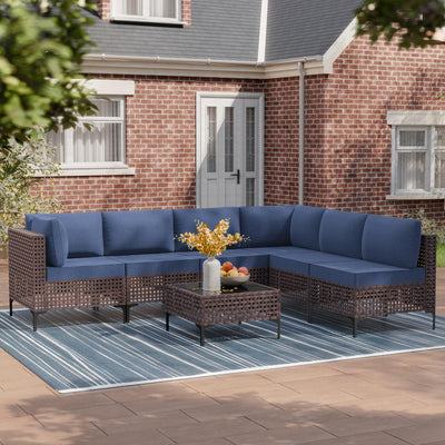 Trumbeak 7 Pieces Patio Furniture Set Wicker Outdoor Sectional Sofa,All Weather Brown PE Rattan Outdoor Conversation Set w/Thick Cushions and Glass Coffee Table,NavyBlue