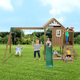 VEVOR Wooden Swing Set, 9 in 1 Outdoor Playground Sets for Backyards, 2 Swings, Trapeze Bar, 6 FT Slide, Large Upper Fort with Kitchen Toys, Flat Step Ladder, Rock Wall, Picnic Table, Sandbox VEVOR