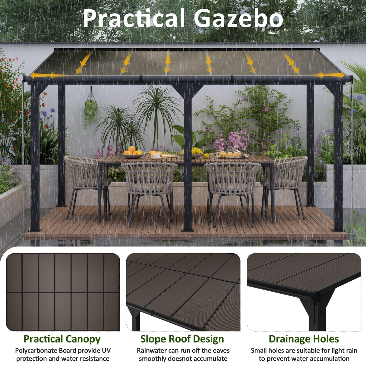 DAUSOLA 10x14 FT Gazebo Pergola for Patio, Gazebos Pergola on Clearance with Sloped Roof, Hard Top Lean to Gazebo, Large Wall-Mounted Heavy Duty Awnings for Patio, Backyard, Deck DAUSOLA