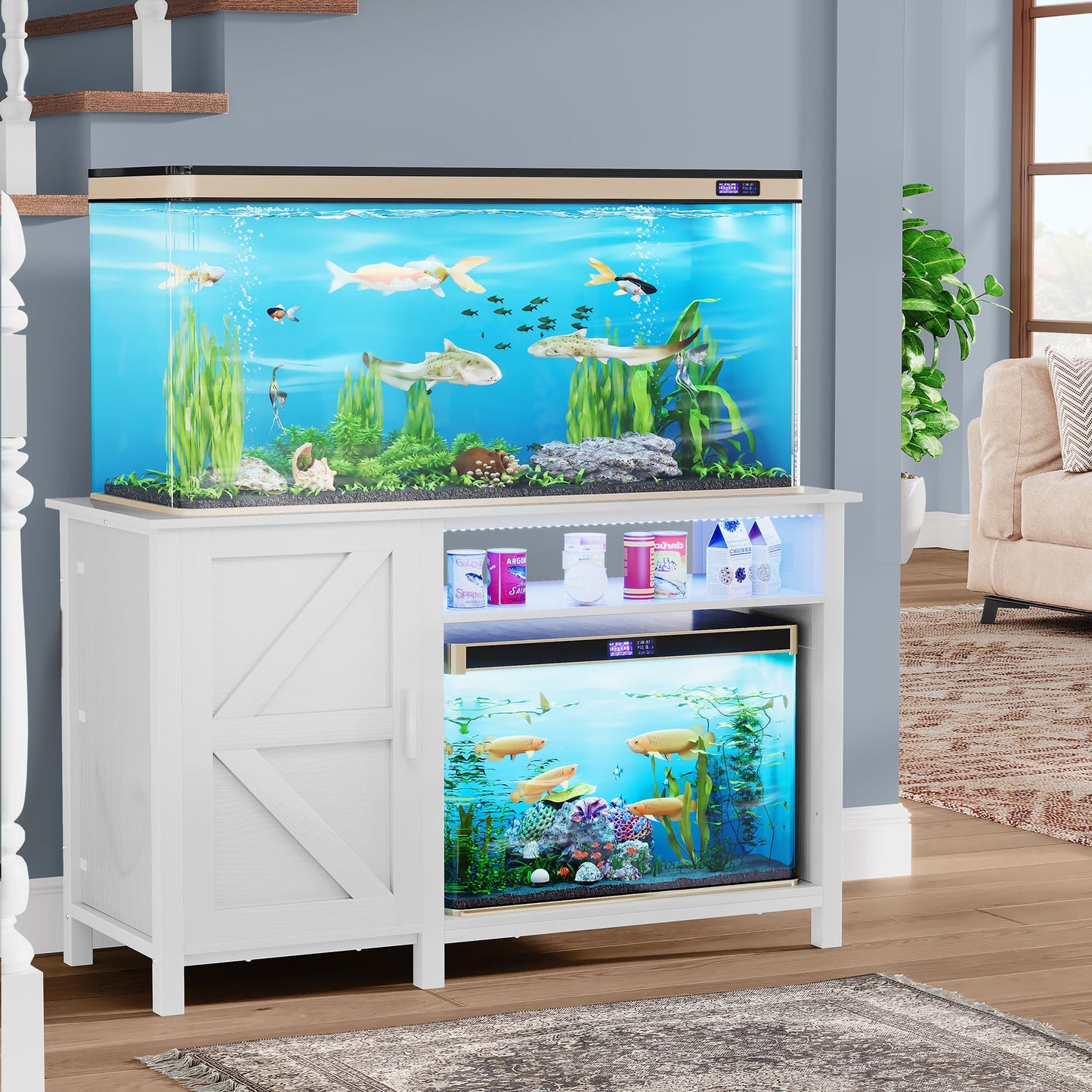 YITAHOME Aquarium Stand with Power Outlets, 55-75 Gallon Fish Tank Stand, Cabinet with RGB Light Strip Suitable for Turtle Tank, Reptile Terrarium, 900LBS Capacity,White