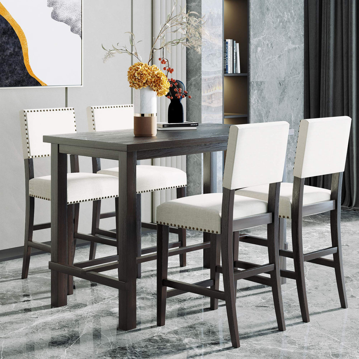 Merax 5 Piece Dining Table Set for 4,Counter Height Kitchen Table Set with One Rectangle Table and 4 Cushioned Chairs for 4 Persons Dining Room Table Set for Small Place Merax