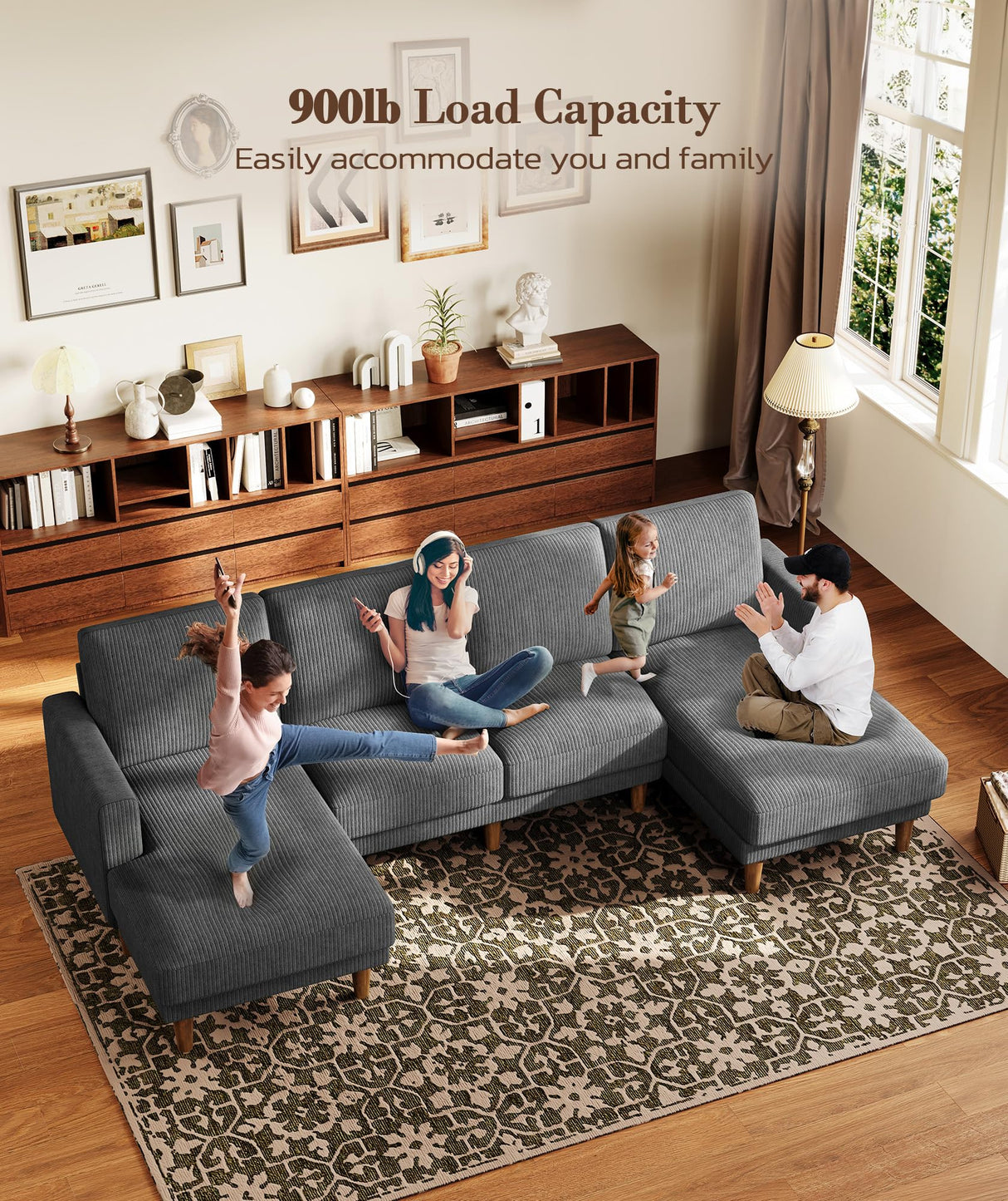 Kidirect Grey U Shaped Couch with Chaises, 106" Corduroy Sectional Couches for Living Room No Tool Assembly, 4 Seats Loveseat Sofa Comfy Sectional Sofas for Living Room Apartment Home 900lb Load Kidirect