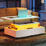 YITAHOME LED Lift Top Coffee Tables for Living Room, High Glossy Coffee Table with Storages 4 Spacious Drawers, Modern Rectangle Coffee Tables Small Center Table for Home Office, Glossy White YITAHOME