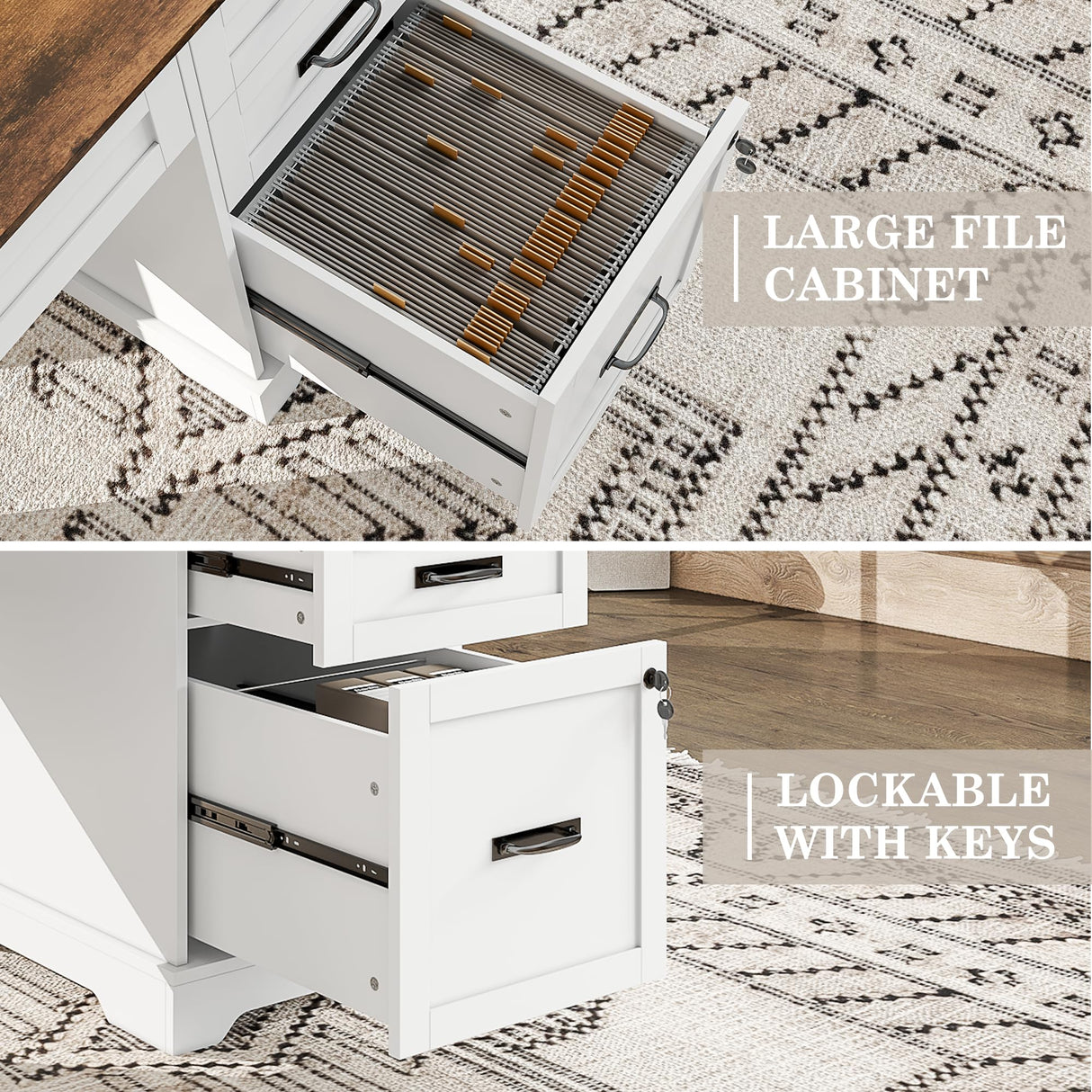 Alohappy 55'' Farmhouse Executive Desk, Home Office Desk with Drawers, Wood Computert Desk with File Cabinet and Power Outlets, White Alohappy