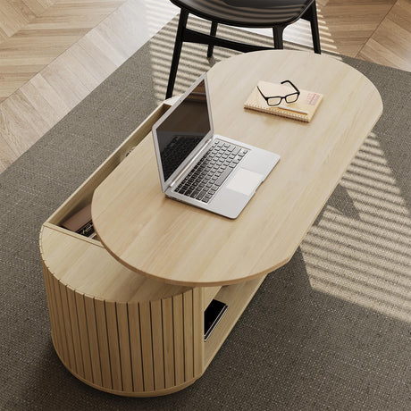 47-Inch Oval Lift Top Coffee Table with Storage Shelf for Living Room, Large Wooden Fluted Modern Center Table with 2 Tier Shelf, Modern Tea Tables with Hidden Compartment for Bedroom, Light Oak Epecoya