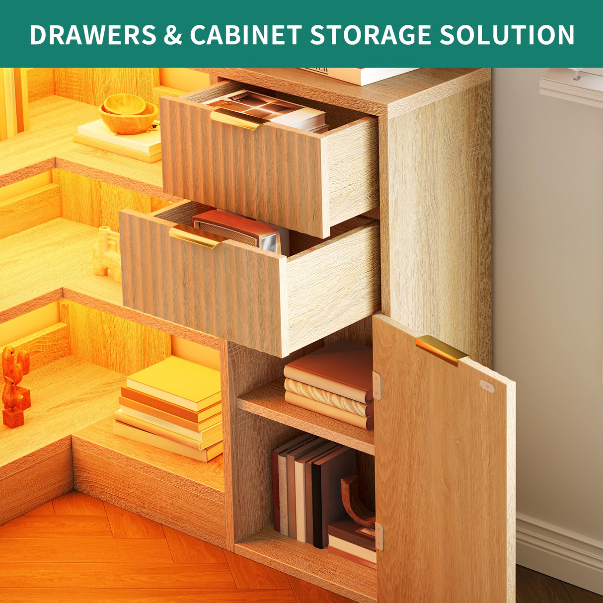 YITAHOME Corner Bookshelf with Storage, Fluted 6-Tier Bookshelf with Drawers and Cabinets L-Shaped Bookcase LED Lights Corner Display Shelf for Home Office, Living Room, Bedroom YITAHOME