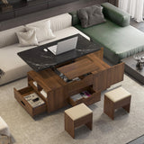 Modern Expandable Lift-Up Coffee Table with Hidden Storage & 2 Cushioned Stools – Space-Saving Folding Dining Table for Small Living Rooms AMNOOI