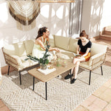 DWVO Patio Furniture Set, 4 Pieces Outdoor Patio Conversation Set, All-Weather PE Rattan Sectional L-Shaped Sofa with Soft Cushion and Side Table for Backyard, Porch, Boho Detachable Lounger (Beige) DWVO