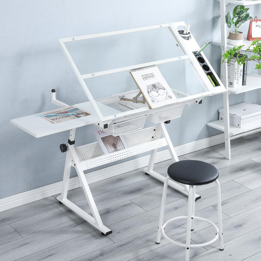 LiviNest Height Adjustable Drafting Table - Modern Tempered Glasses Artist Drawing Table Tilted Tabletop with Chair - Glass Topped Art Desk Work Station with Stool for Home Office White